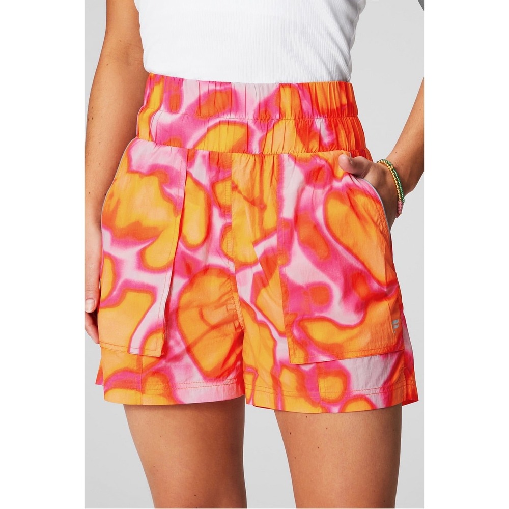 Fabletics Ultra High-Waisted Piped Nylon Shorts Pink Orange Tie Dye‎ Small